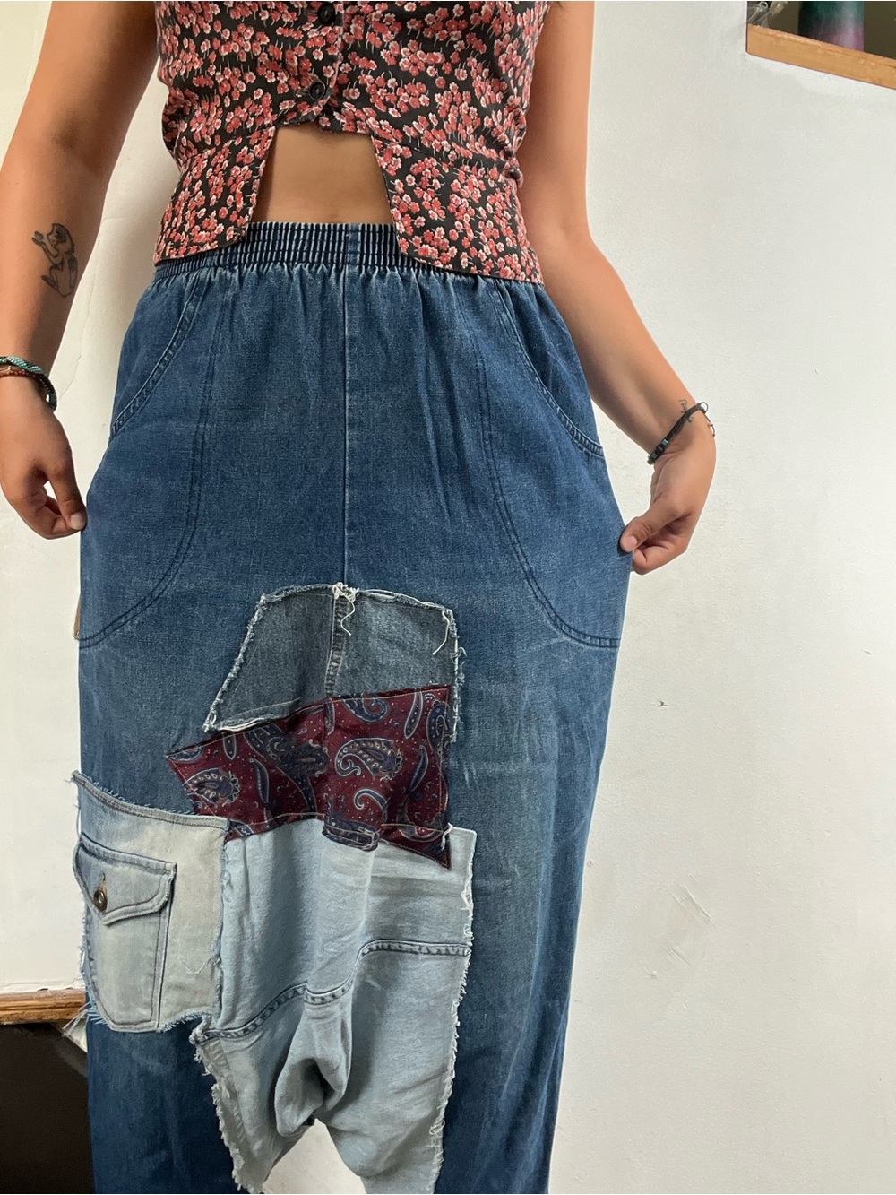 Blue Patchwork High-Waist Denim harem pants